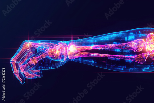 3D representation emphasizing pain and inflammation in the elbow joint, illustrating the interplay of bones, muscles, and tendons photo
