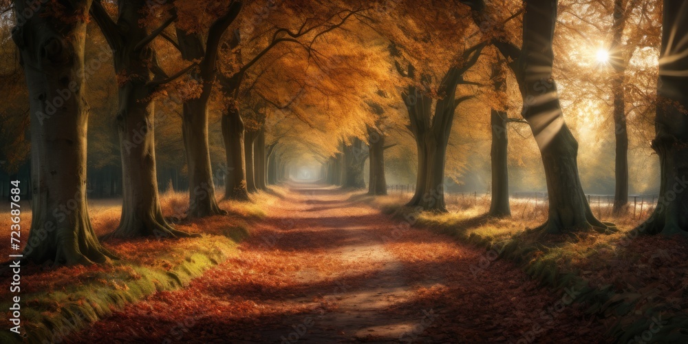 A trail through the forest with golden leaves and the sun beaming down. Autumn landscape