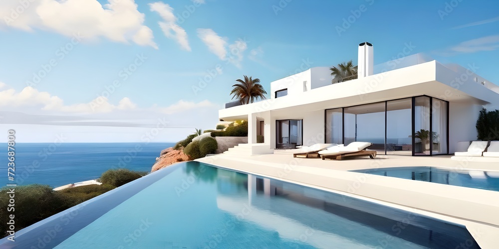 Fototapeta premium swimming pool in hotel Contemporary holiday villa with sea view pool and terrace Copy space image Place for adding text or design 