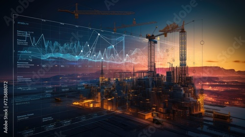 Construction chart graphic background, AI technology in construction industry, construction site at sunset, AI generated, copy space for text