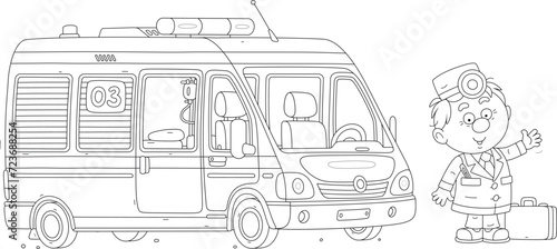 Ambulance car and a doctor hurrying to rescue, black and white vector cartoon illustration for a coloring book page