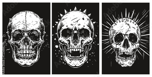 Hard Rock illustration Black and White Horror skull with metal studs. grunge linocut style illustration © losmostachos