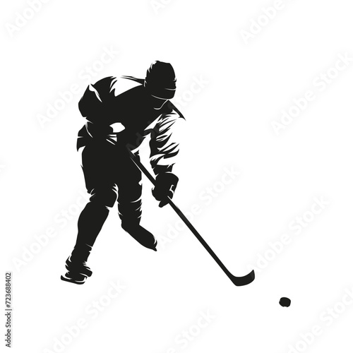 Ice hockey player skating with puck, isolated vector silhouette