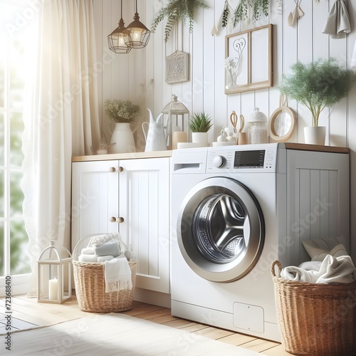 Washing machine in a bright shabby chic room 