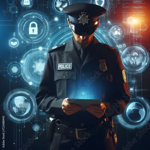 A police officer looking down at a smart tablet  with holographic cybersecurity symbols icons, cybersecurity concept