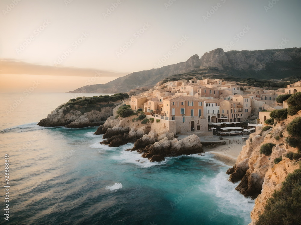 Mediterranean Coastal landscape with a town in the morning
