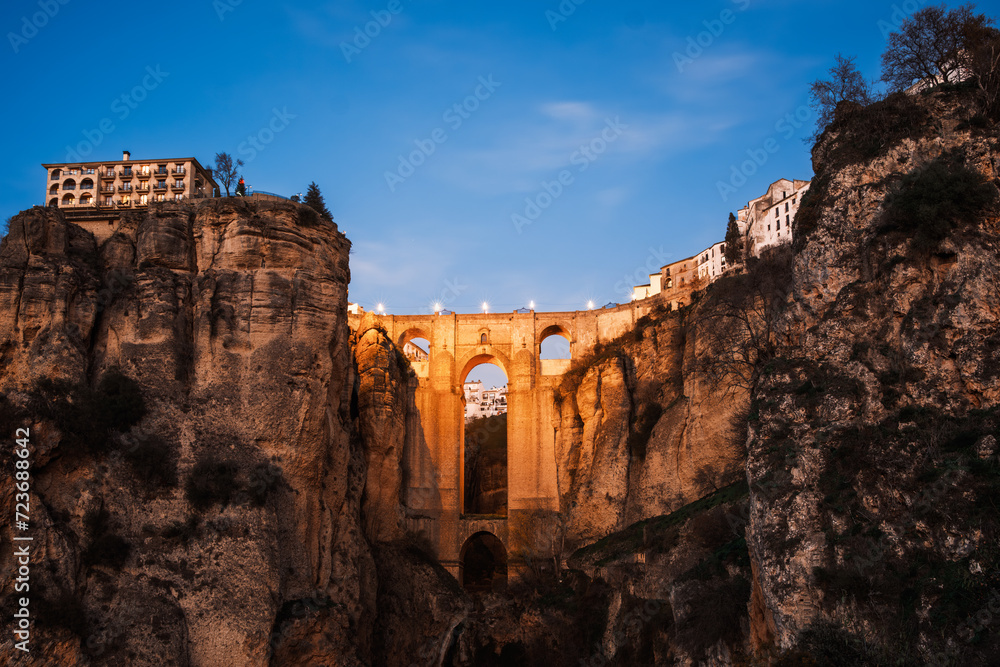 Puente Nuevo (New Bridge) at twilight, Ronda, Andalusia, Spain. Built in 1793 to connect the old and the modern neighborhood of the city, it is the Ronda?s best recognized landmark.
