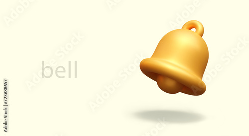 3D golden bell in inclined position. Simple metal musical instrument