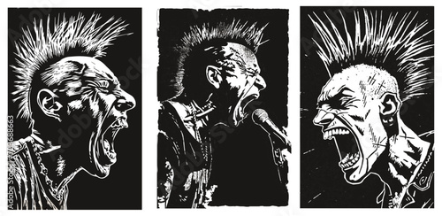 Punk's Not Dead. Screaming punk with mohawk hair isolated on black background. grunge linocut style illustration photo