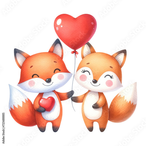 Watercolor cute fox couple holding a heart balloon. Romantic animal. Valentine s element clipart. 