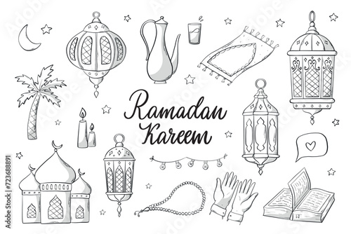 Set of islamic doodles, ramadan clip art for prints, stickers, coloring pages, signs, sublimation, cards, etc. EPS 10