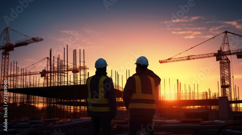 Construction chart graphic background, AI technology in construction industry, engineers working at construction site at sunset, AI generated, copy space for text © AUNTYANN