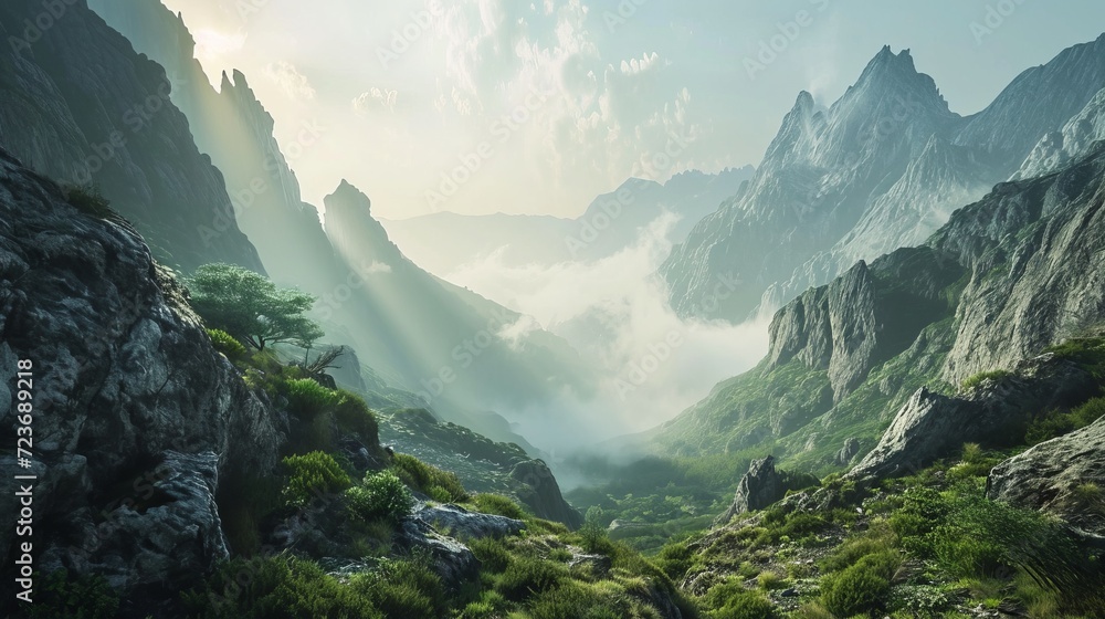 Mystical Mountain Landscape with Sunrays Piercing Through Mist, Lush Greenery, and Rugged Terrain in Illustration Style Mystical Mountain Landscape with Sunrays Piercing Through Mist, Lush Greenery, and Rugged Terrain in Illustration Style