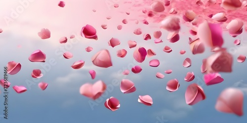 pink water drops Minimal style. Pink rose petals set on pastel pink background. 