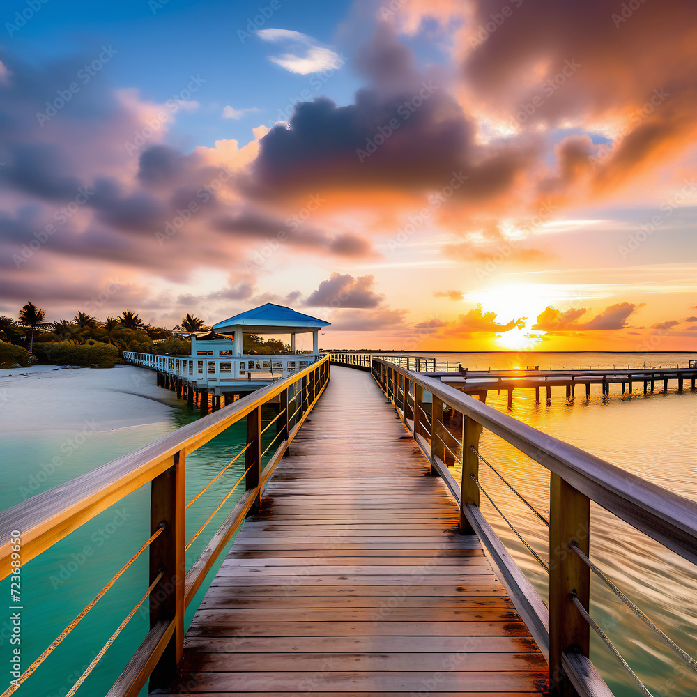 mesmerizing snapshot, the panoramic view showcases a footbridge that leads to Smathers Beach in Key West, Florida. The image captures the tranquil ambiance of a sunrise scene, where the soft g