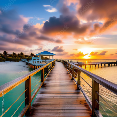 mesmerizing snapshot, the panoramic view showcases a footbridge that leads to Smathers Beach in Key West, Florida. The image captures the tranquil ambiance of a sunrise scene, where the soft g photo