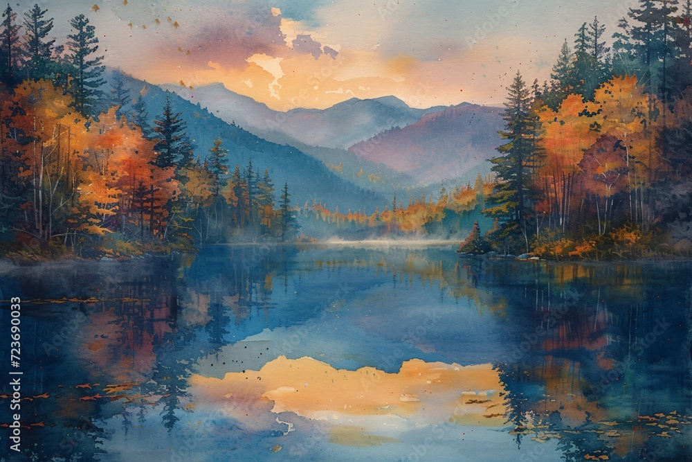 Autumn's Reflection: A Painted Mountain Lake Scene Generative AI