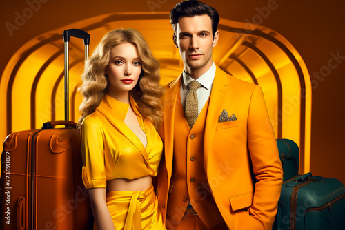 Beautiful couple in stylish yellow outfit with luggage in hall of hotel. Luxury lifestyle