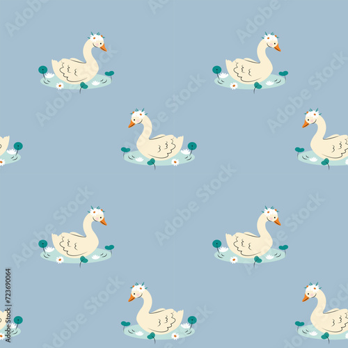 Swans in pond. Seamless blue pattern with swans and water plants.