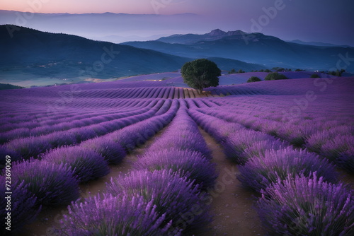 Lavender field at dusk, endless rows of purple flowers into the violet dusk and blue mountains in the distance