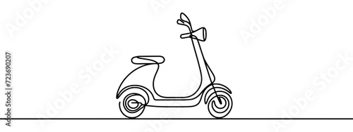 One single line drawing of motorcycle scooter with food box for food delivery service logo vector graphic illustration. Restaurant food delivery badge concept. Modern continuous line draw design