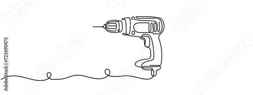 Screwdriver, drill, construction tool, tighten screws, make a hole hole in the material one line art. Continuous line drawing of repair, professional with inscription, lettering, handwritten.