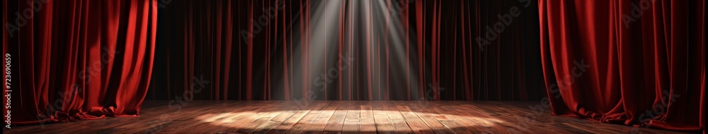 Red Curtain and Spotlight on Stage - obrazy, fototapety, plakaty 