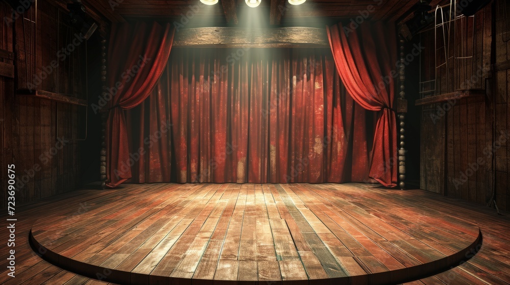 Empty Stage With Red Curtain and Spotlights - obrazy, fototapety, plakaty 