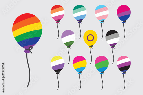 LGBTQIA balloon shape pride flag flat design icon set. Pride month concept.