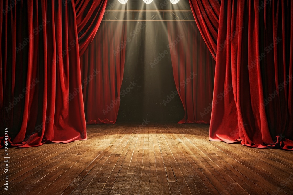 Stage With Red Curtains and Spotlights - obrazy, fototapety, plakaty 