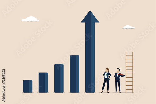 Grow business, growth or progress to achieve goal and target, development to boost performance concept, business people team looking at high rising up graph arrow. © Yunus