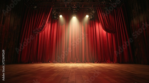 Empty Stage With Red Curtains and Spotlights
