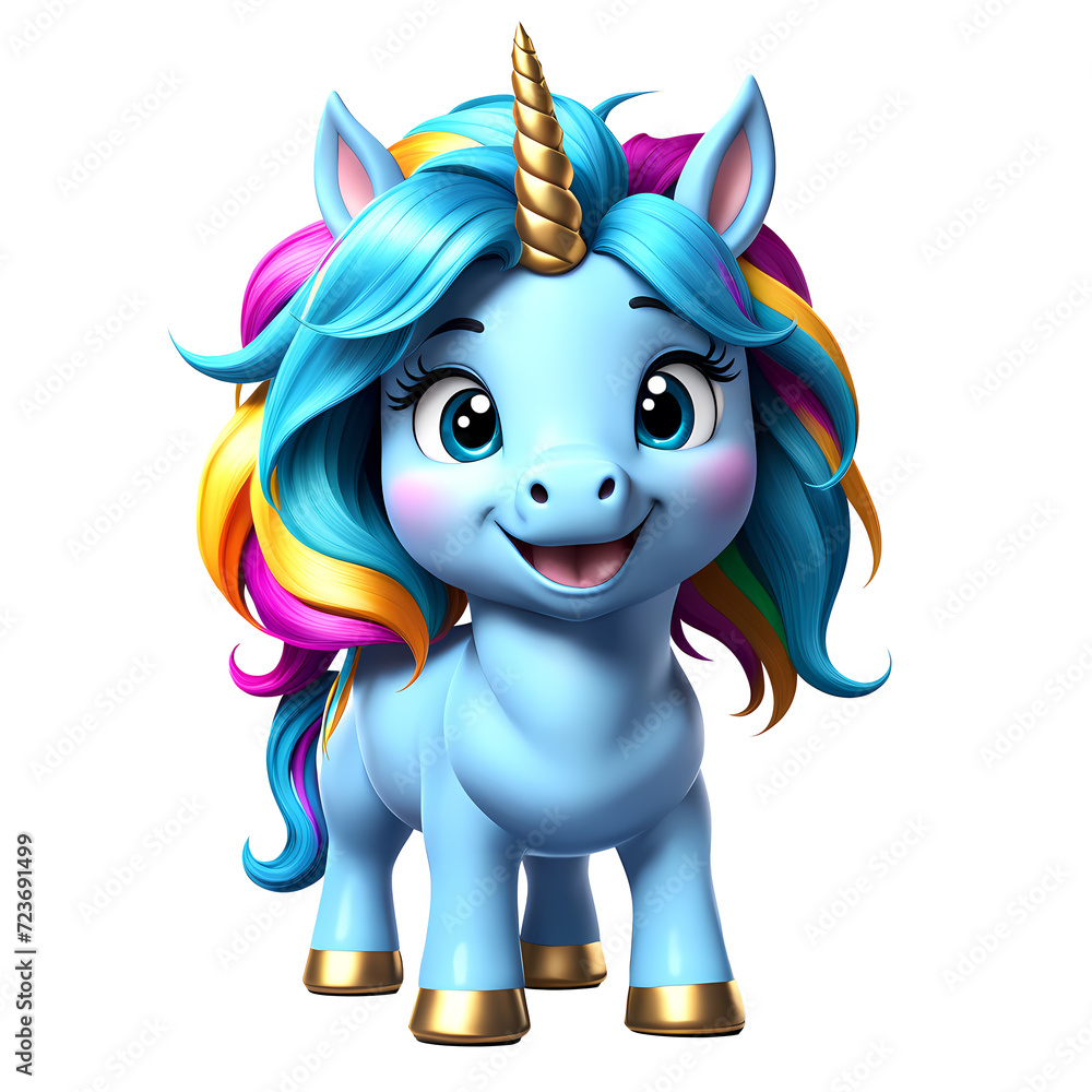 3D illustration of a happy Little Unicorn, with a very colorful mane. 3D render. 3D character. cartoon style. Isolated on transparent background