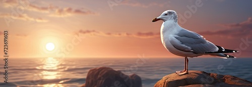 a seagull stands on a rock at sunset