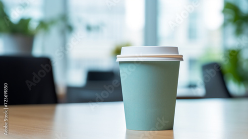 paper cup of hot coffee at working office. Take away  Enjoy beverage  Relax time with hot drinks.