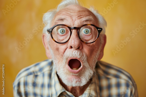White haired elderly caucasian man wears glasses stares open mouthed with a look of shock. surprised old grandfather in glasses looks at the camera with his mouth open, elderly pensioner with gray bea photo