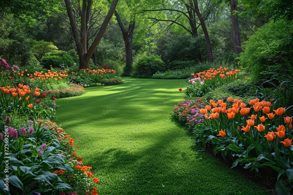 A lush green lawn with a sunlit pathway, adorned with vibrant orange tulips and pink flowers, creating a serene and picturesque scene reminiscent of the beauty of springtime. Generative AI