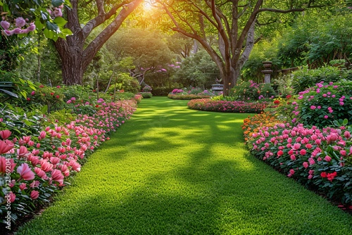 A Sunny Afternoon in the Garden: A Serene Pathway Through a Beautiful Flower Garden Generative AI