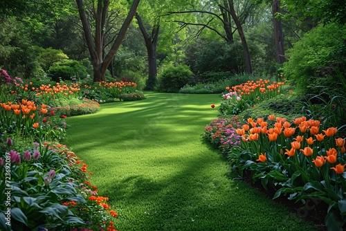 A lush green lawn with a sunlit pathway, adorned with vibrant orange tulips and pink flowers, creating a serene and picturesque scene reminiscent of the beauty of springtime. Generative AI