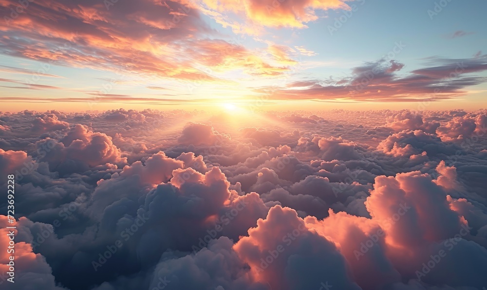 Sunset, sunrise, sky with clouds at twilight, dusk, dawn, flying above the clouds, over the clouds, plane, orange clouds, pink clouds, sunlight, heaven, pastel colors, sky background, Generative AI