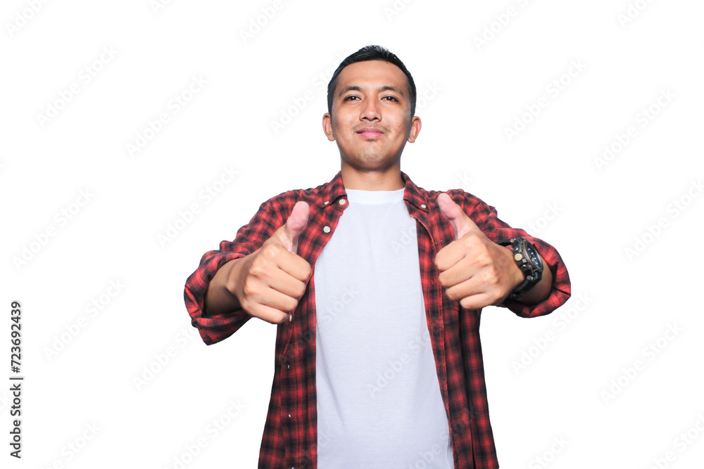Asian young man wearing flannel shirt smiling happy at the camera and give thumb up. Asian young man wearing flannel shirt smiling happy at the camera and give thumb up.