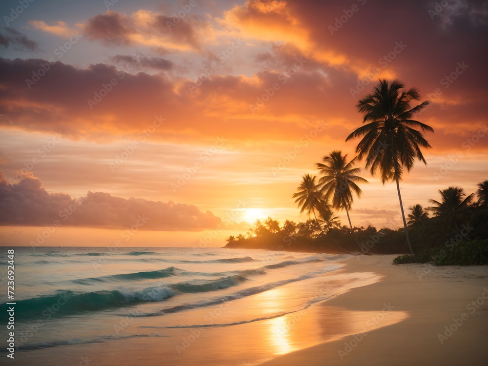 Tropical Tranquility: Sunset Serenity on a Hawaiian Beach - Dusk's Embrace: Sky, Sea, and Palm Tree 