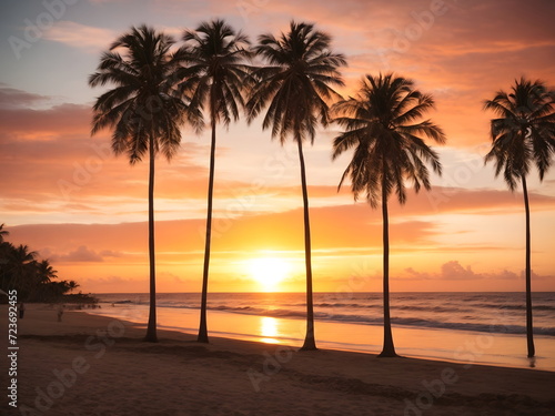Tropical Tranquility  Sunset Serenity on a Hawaiian Beach - Dusk s Embrace  Sky  Sea  and Palm Tree 