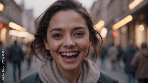 Closeup portrait of a teen girl laughing on the street, 8k