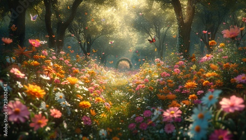 Flower-filled Pathway in a Butterfly-themed Forest Generative AI