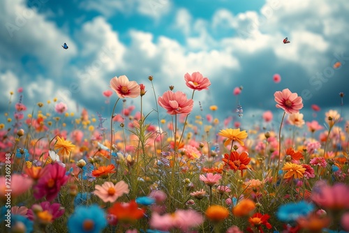 Blooming Beauties  A Colorful Cloudy Sky with a Pop of Butterflies Generative AI