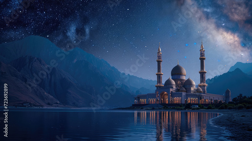 A magnificent mosque on the shore of a lake with a backdrop of mountains under a night sky filled with Milky Way stars