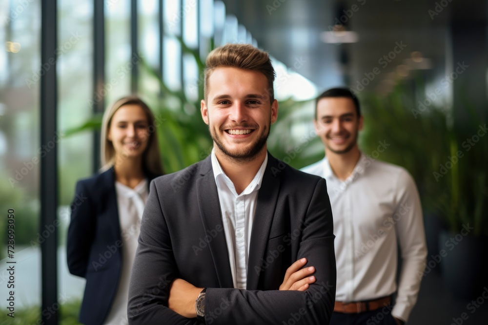 A handsome young businessman guy in a business suit smiles against the background of a business team in the office. Dream team, modern youth, meeting, startup A handsome young businessman guy in a business suit smiles against the background of a business team in the office. Dream team, modern youth, meeting, startup