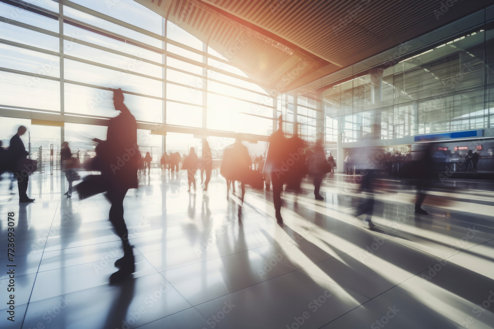 Abstract blurred airport background. Silhouettes of walking people with suitcases at the airport in sunset sunlight. Concept of travel, flights, airport terminal, motion effect