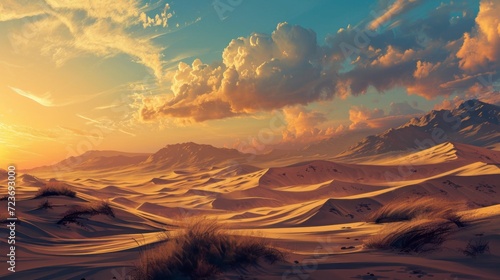 Golden Hour Over Desert Landscape, Illustration of Sand Dunes with Majestic Clouds and Mountain Background © stock photo